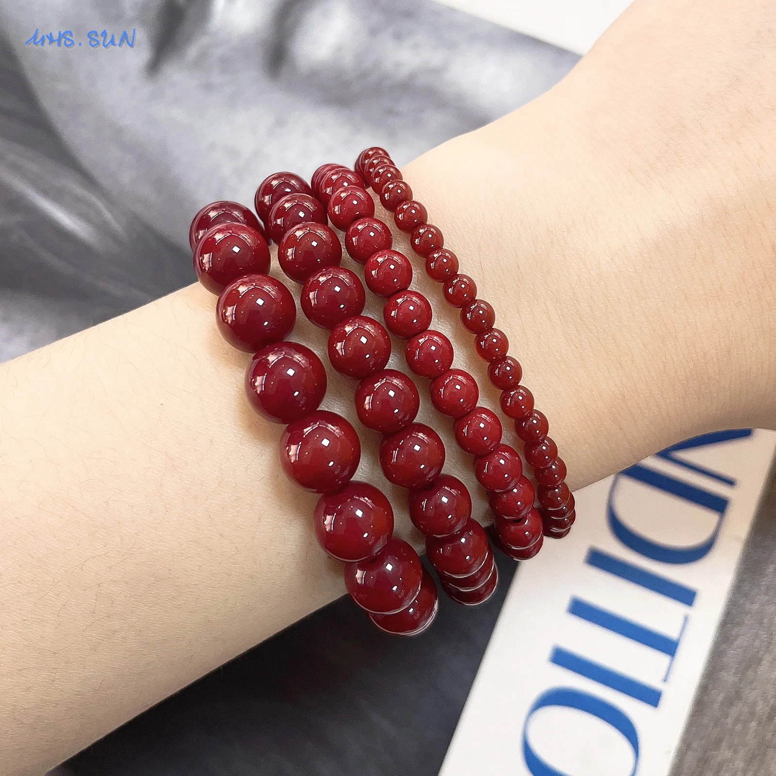 MHS.SUN Vintage Red Round Beads Bracelet Bangle for Women Men New 4/6/8/10mm Beaded Elastic Bracelets Jewelry Party Gifts - view 4