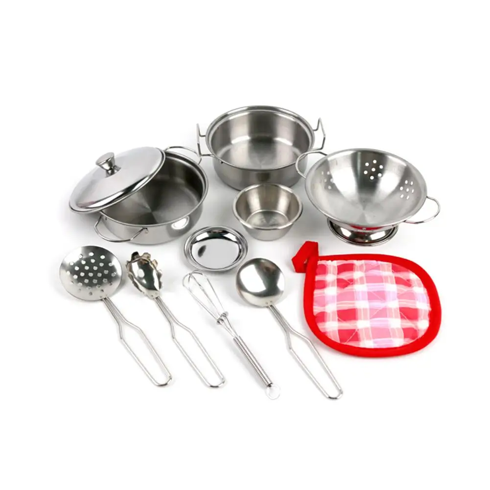 Kitchen Pretend Play Accessories Toys with Stainless Steel Cookware Pots Pans Kids Kitchen Toy Set Mini Cooking Game Pot Shovel