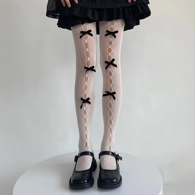 Women\'s Three Bowknot Tights Hollowed-out Fishnet Stockings Mesh Summer Thin Velvet Bow Lolita Japanese Y2k Girls Pantyhose