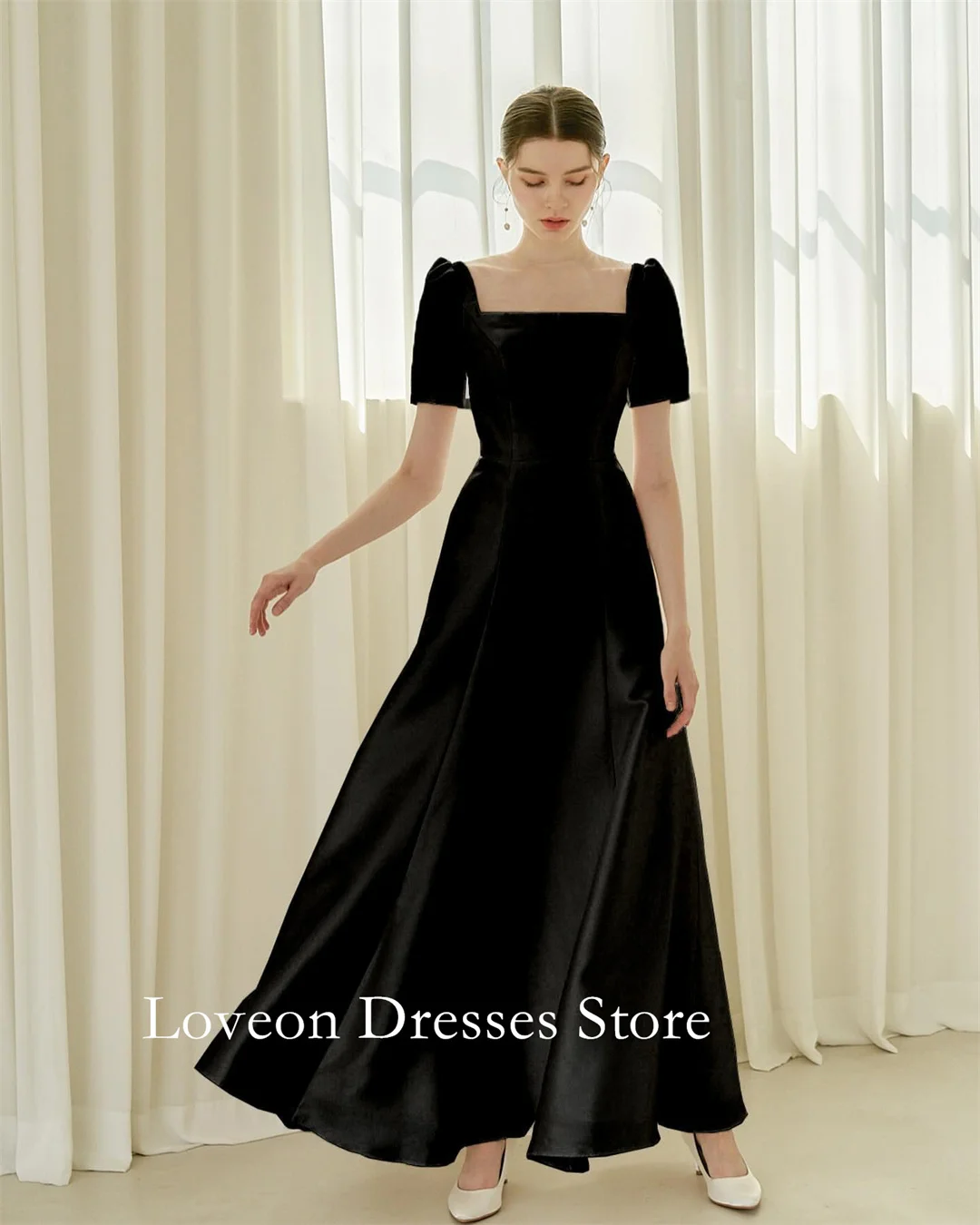 

Черные вечерние платья с квадратным вырезом, длиной до пола, с короткими рукавами, в корейском стиле, элегантные, для выпускного вечера, для женщин