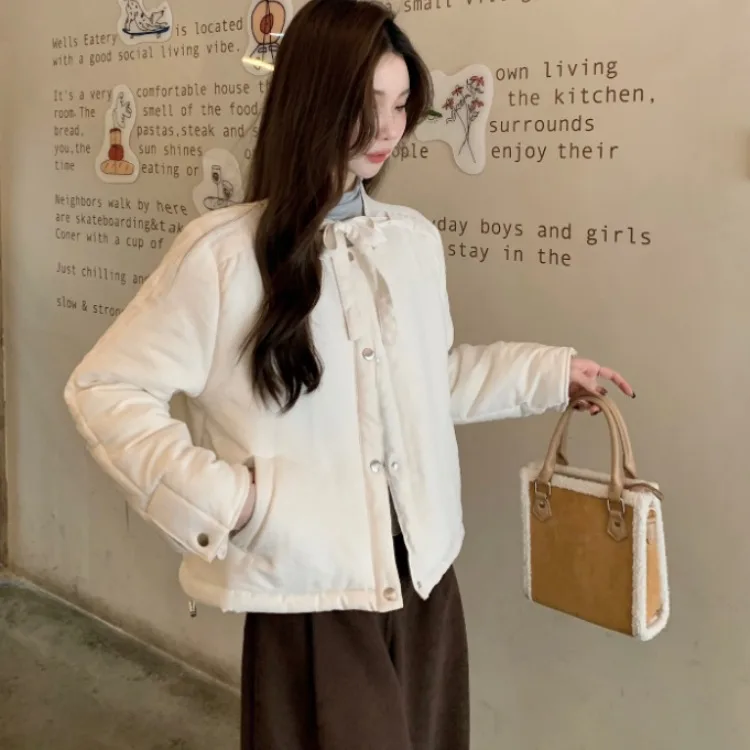 

Женская хлопковая куртка, осенне-зимний корейский шикарный универсальный топ Sweet Fre College Sle, круглый топ с завязками