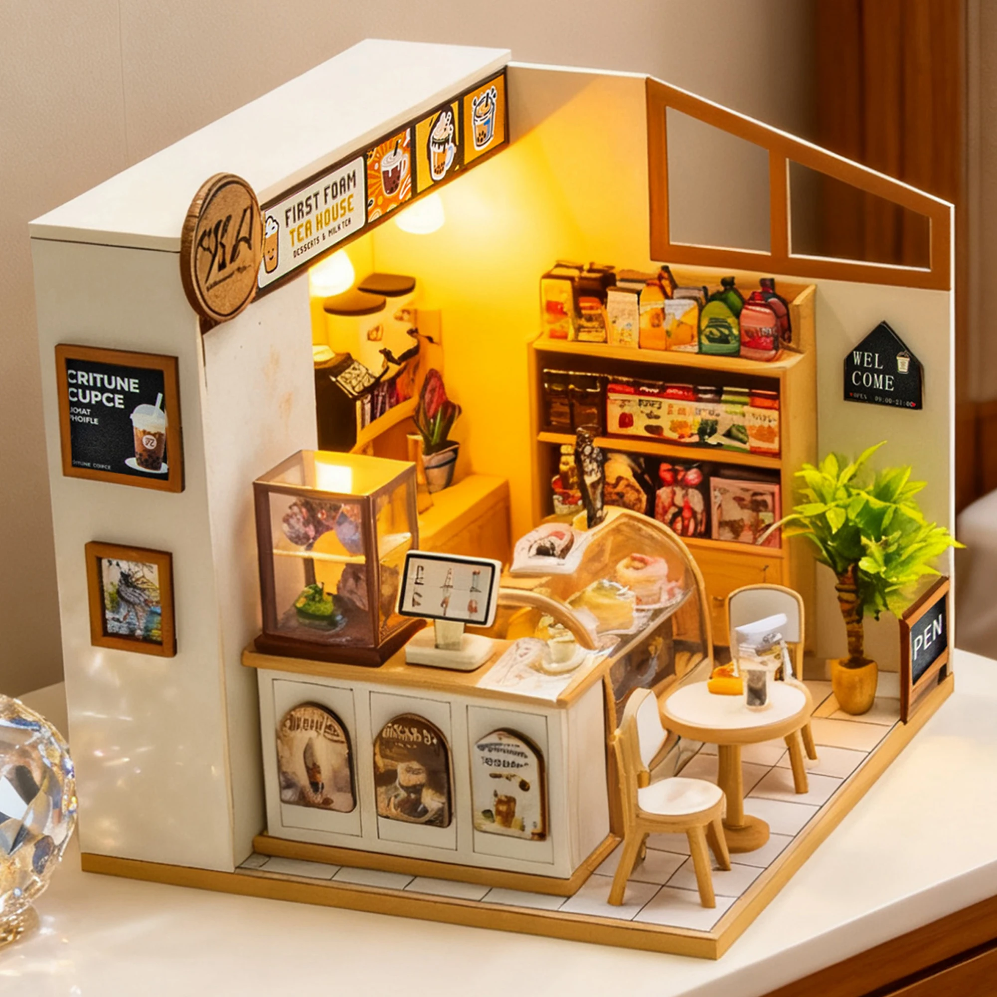DIY Houten Miniatuur Model Kit Eerste Schuim Theehuis Casa 3D Puzzel Poppenhuizen Met Meubelverlichting voor Vrienden Verjaardagscadeaus