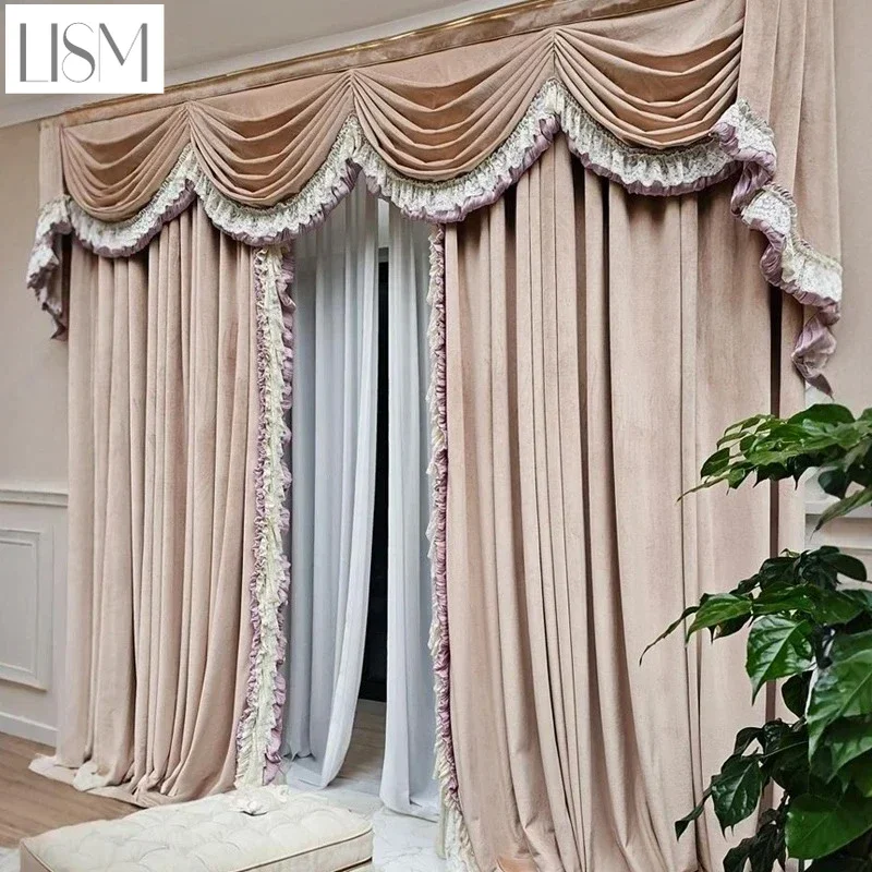 

High-grade Lace Patchwork Pink Velvet Blackout Curtains For Living Room Bedroom Romantic Partition Curtain Decoration Valance