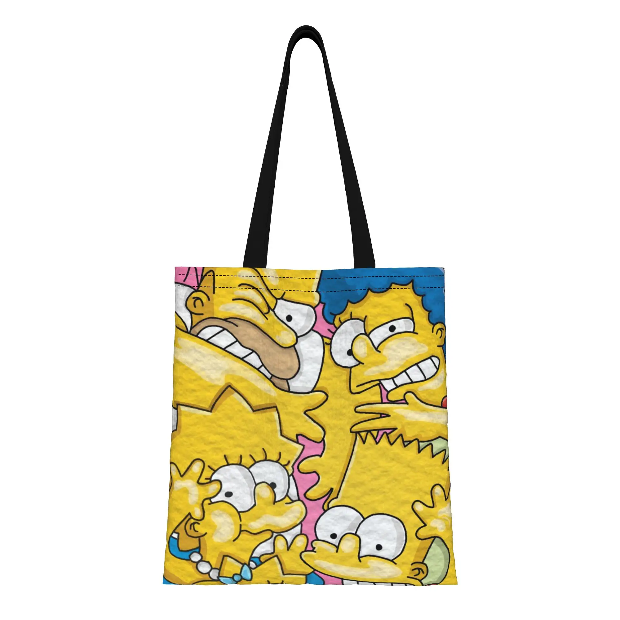 

Сезон «Снова в школу»: Желтая холщовая сумка-тоут с персонажами аниме и Симпсонами, идеально подходит для путешествий, женская сумка с верхней ручкой.