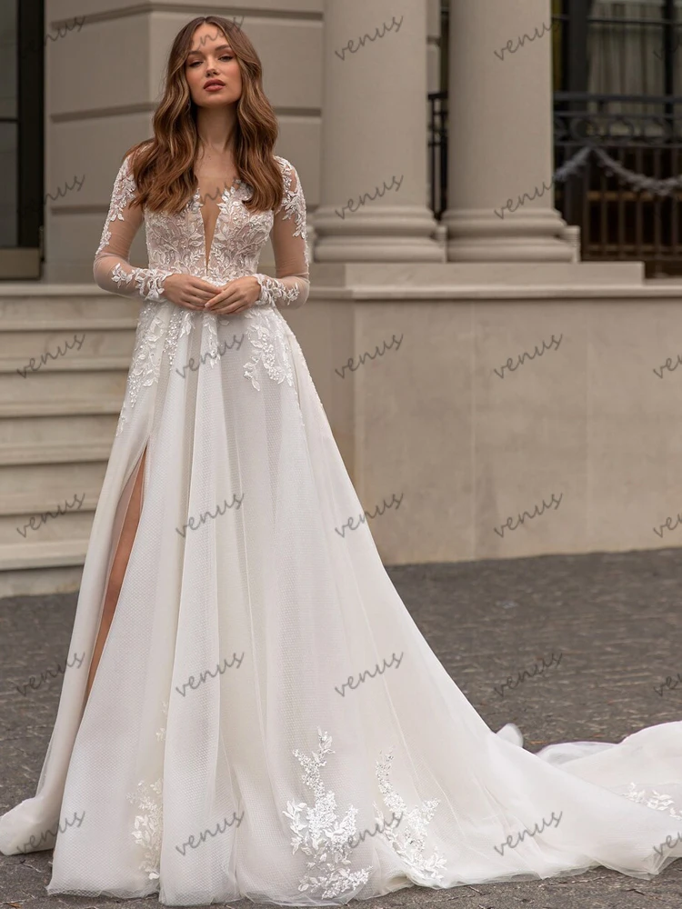 Vestidos De Novia Vintage con abertura alta, trajes De Novia con apliques De encaje, línea A, mangas completas para fiesta Formal