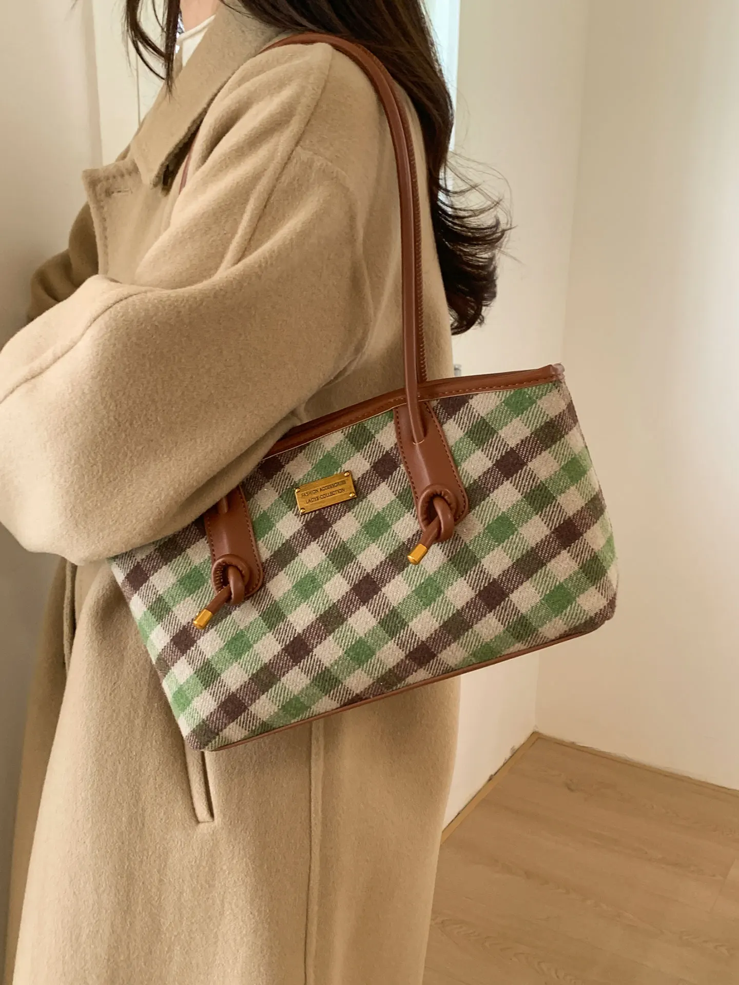 

Винтажная шерстяная большая сумка в клетку, женская большая сумка-тоут под мышками, повседневная пригородная сумка на осень и зиму