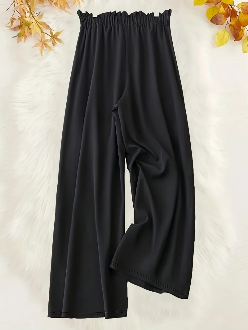 Plus Size 1XL-5XL Casual Pants Women's Plus Solid Drawstring Waist Wide Leg Loose Trousers