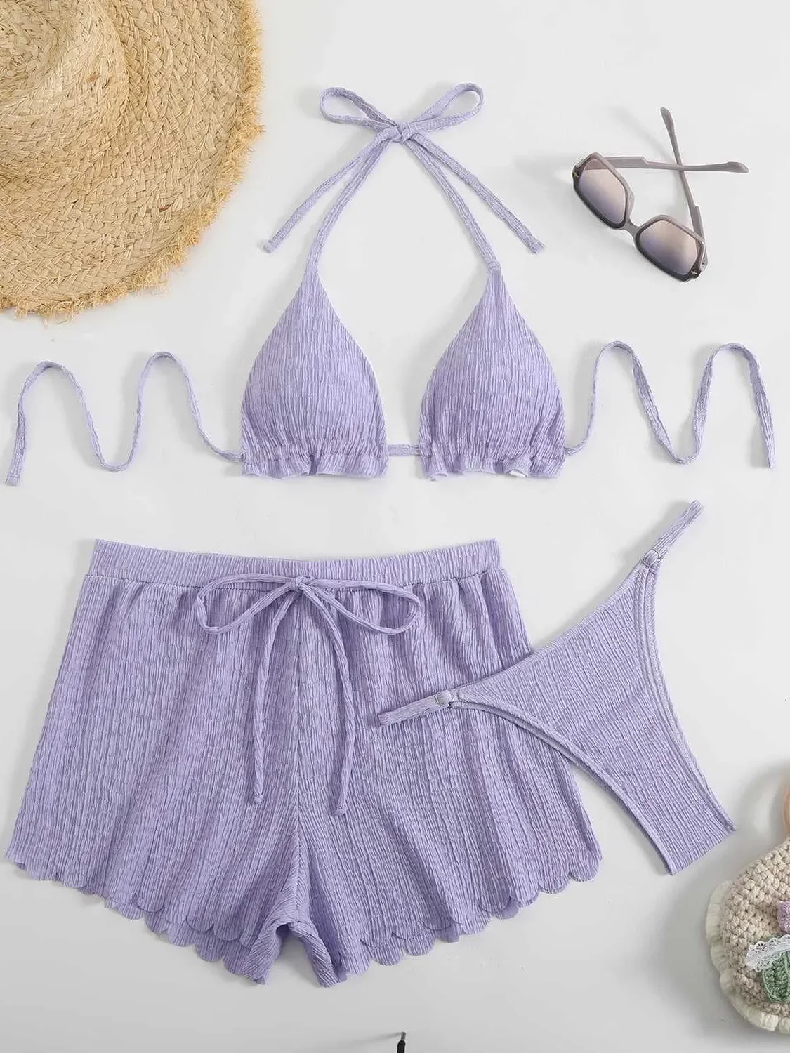 

2025 Solid Color 3-Piece Bikini Set Women's Sexy Swimwear Cover Up & High Waist Panties Beach Vacation Summer Shorts Sets Female