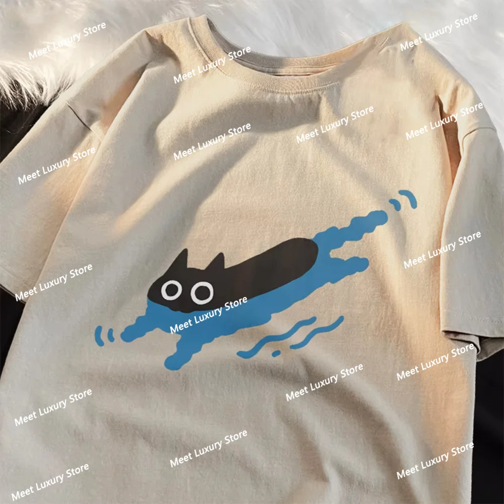

Couple Tees Swimming Black Cat Diving Shoulder Short Sleeved T-shirt For Men Women Cotton Tshirt Top Men's Clothing Tshirt