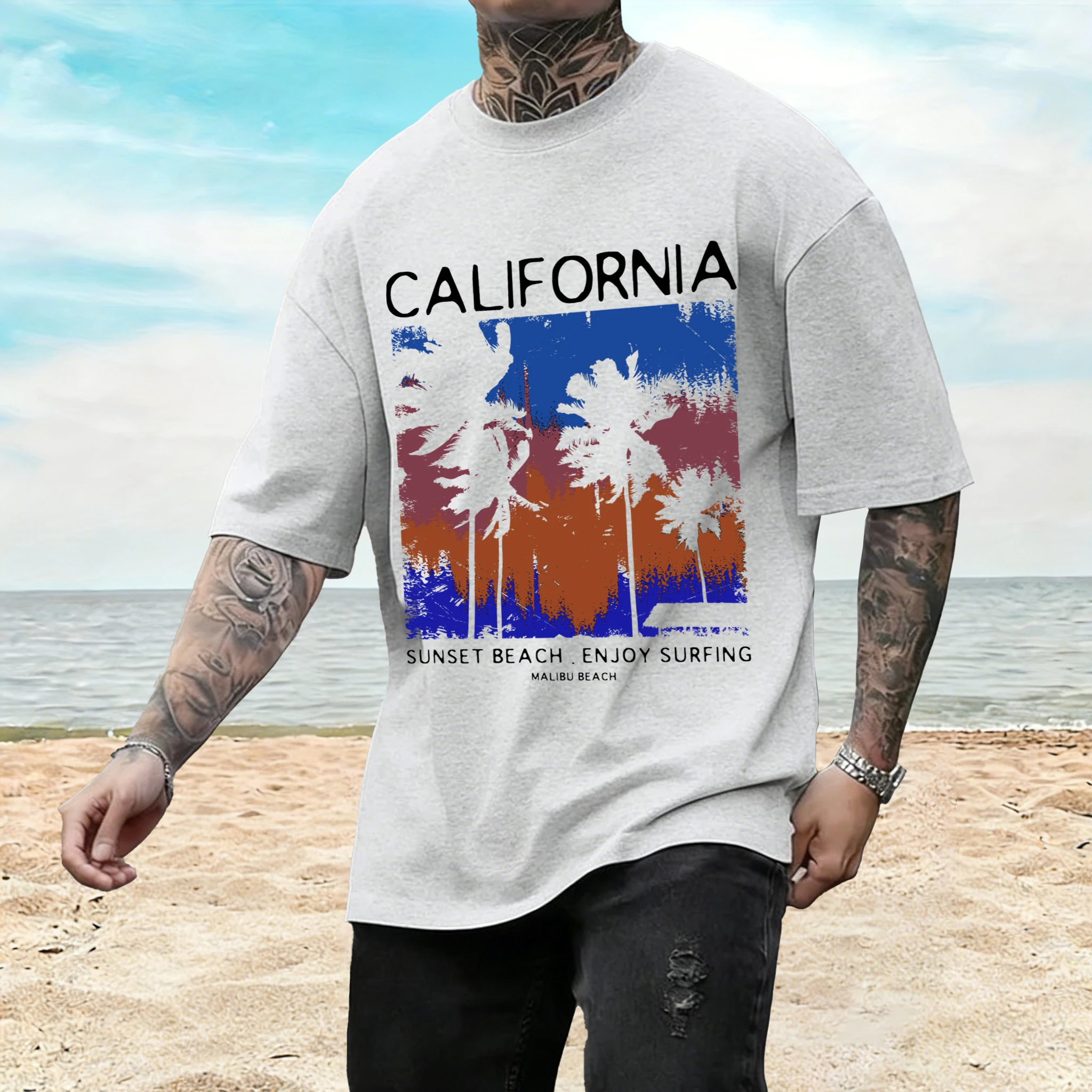 California Sunset Beach Design Men T-Shirt Summer Casual Tee All-Match O-Neck Clothing Loose Fashion Unisex Retro Streetwear
