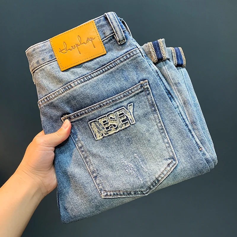 2024Summer cropped high-end jeans men's thin printing stylish slim fit skinny light blue stretch casual pants