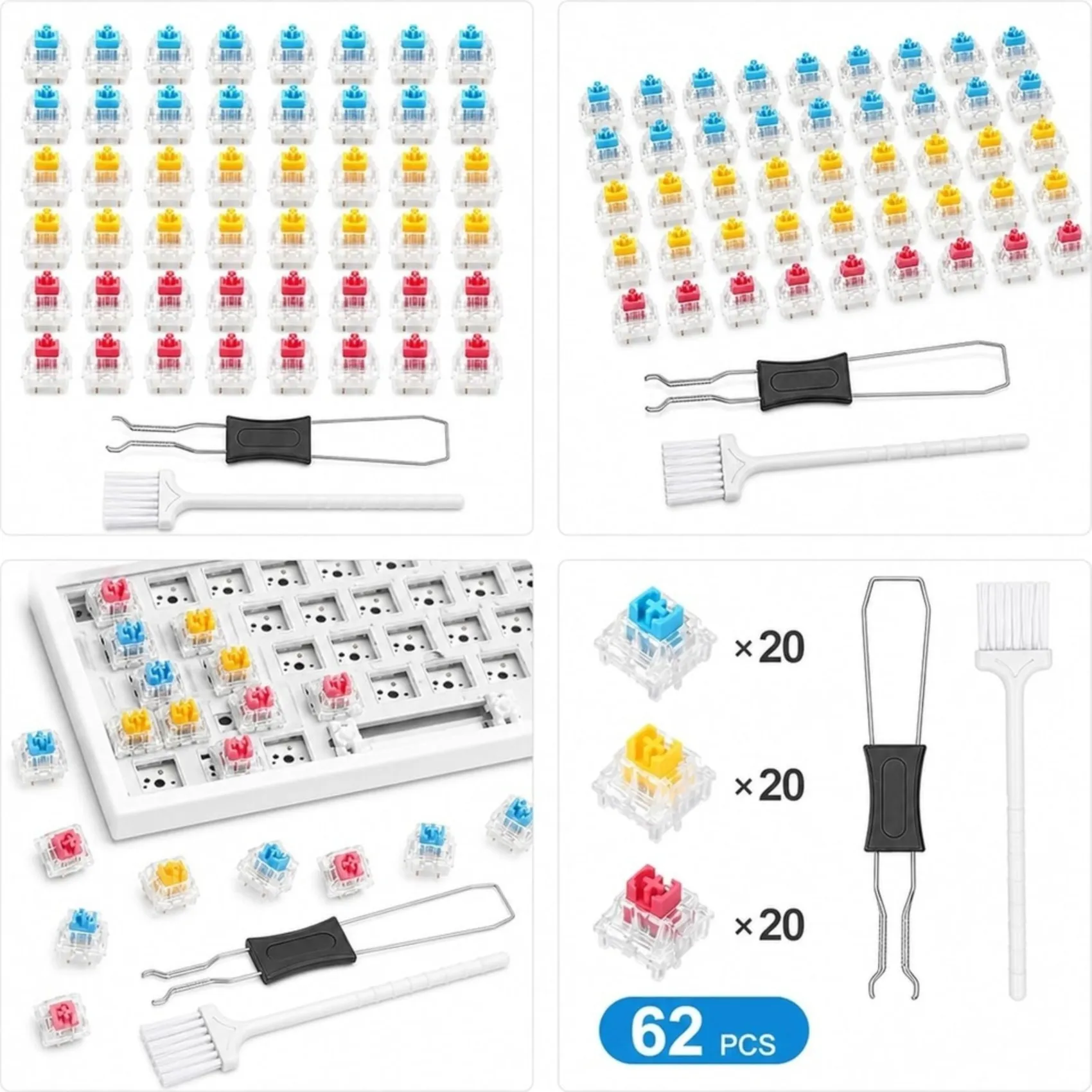 HOT!A72T Keyboard Clickers Set 60 PCS Including Tweezers And Brush, Clickers For 3D Printing, Blue+ Yellow+ Red For Keyboard Swi