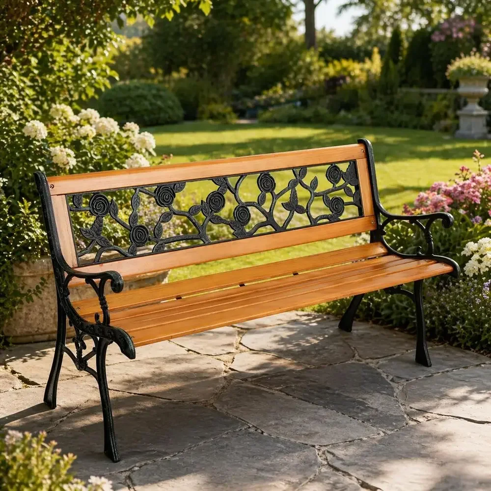 2-Person Weather-Resistant Hardwood Patio Bench with Iron Armrests and PVC Backrest in Natural Wood and Bronze Finish