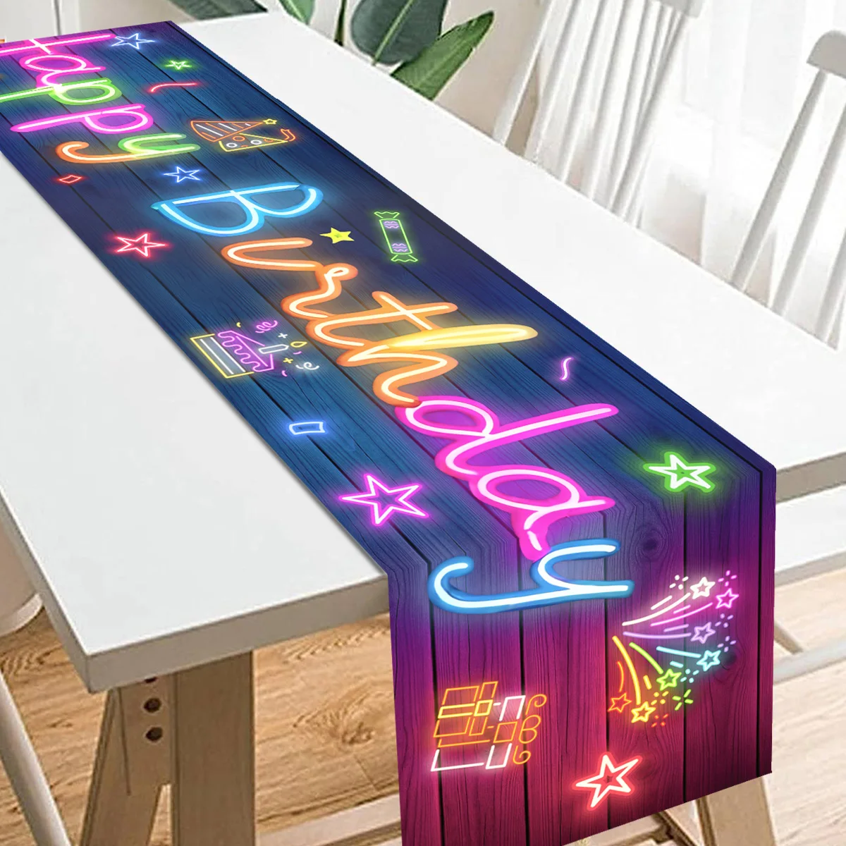 Happy birthday Neon light table runner Fluorescent Star design Linen eco-friendly birthday Party supplies Table decoration