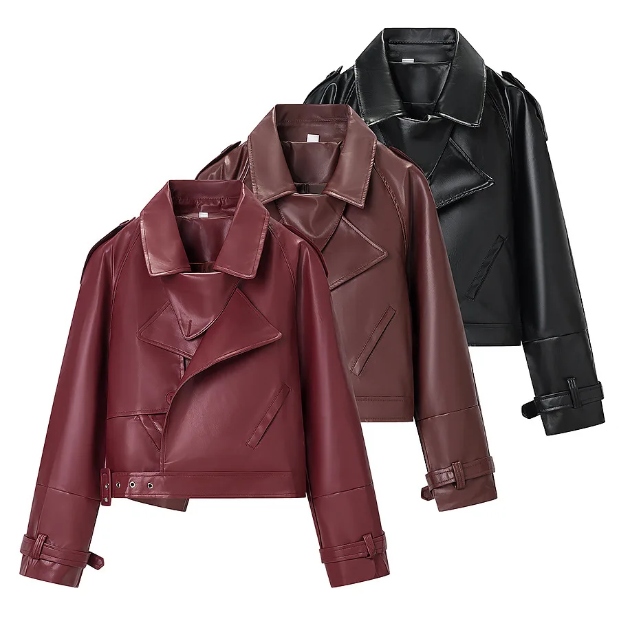 

KIDCRKJ Highstreet Women Spring Motorcycle Jacket Turn Down Collar Zipper Fly Spliced Lady Leather Coat Casual Female Outwear