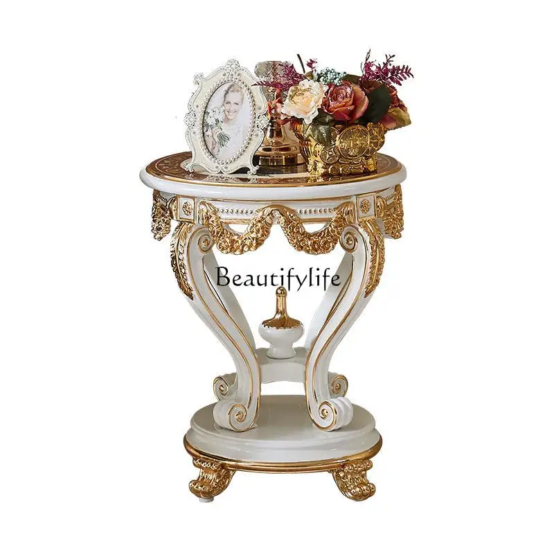 

French solid wood round table luxury deep sea color shell inlaid small corner table villa living room