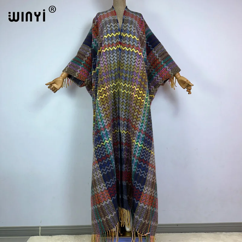 WINYI Winter new 2023 cloak Women High Quality poncho tassels Luxury Long Loose OverCoat Thick Warm Female long down coat jacket