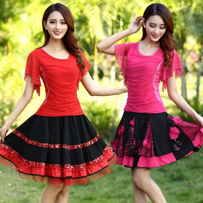 ARMUN Square Dance New Set Spring/Summer Latin Dance Dress Short Sleeve Large Size Team Dance for Middle and Elderly Peopl