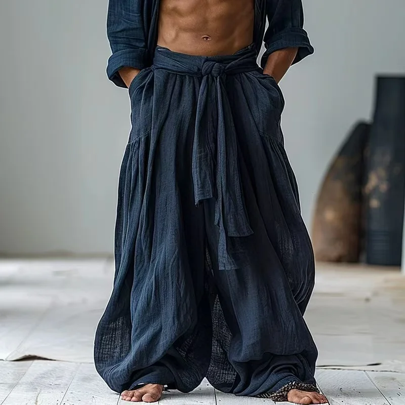 Ethnic Vestidos Casual Cotton And Linen Wide Leg Pants Men\'s Solid Color Comfortable And Trendy Pleated Pants Men\'s Outfits New