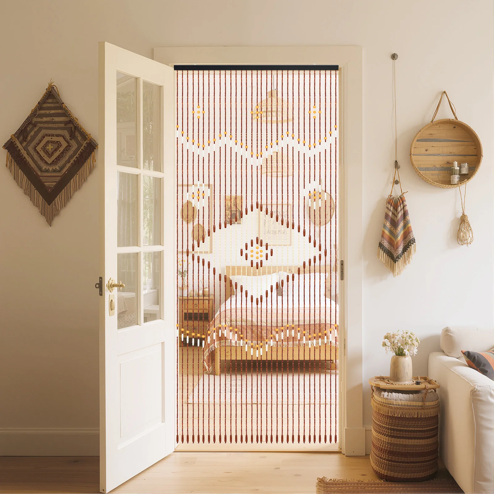 90*208cm Door Curtain,Chocolate Color Boho Rustic Door Curtain,Bamboo&Wood Bead Curtain for home doorways, windows, bedroom doors, bathroom doors, kitchen doors, study doors