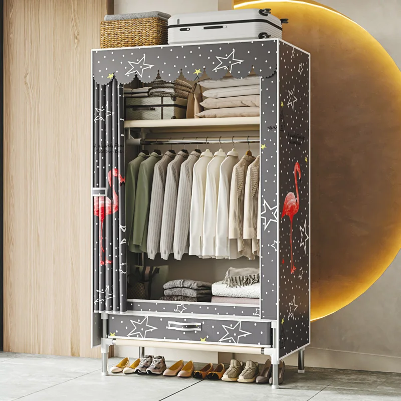 Printed Fabric Wardrobe with Drawers, Heavy-Duty Metal Frame Portable Wardrobe, Dust-Proof Multi-Layer Clothing Storage Cabinet for Bedrooms and Dorm Apartments