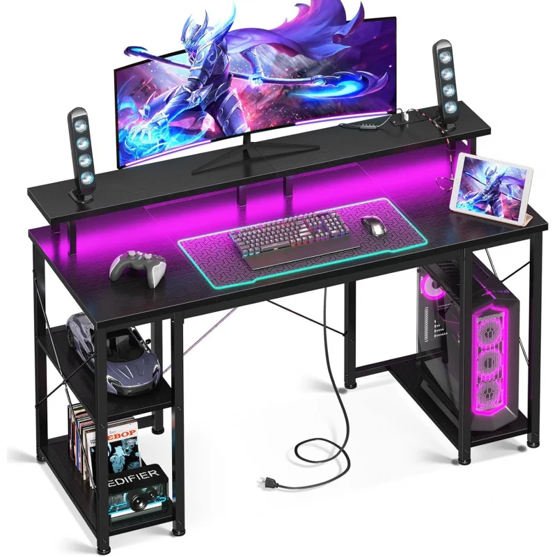 48 Inch Game Table Belt LED Lamp and Power Socket,Computer Desk with Monitor Stand and Storage Knife,CPU Bracket,Home Desk,Black