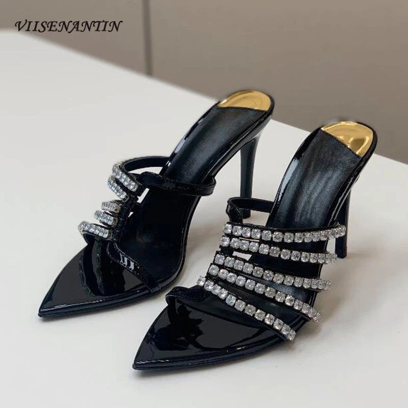 

Luxury Rhinestone Straps Sexy Pointy Toe Women Summer Slipper Shoes Shiny Leather Modern Party Shoe Banquet Thin Heel Sapatos