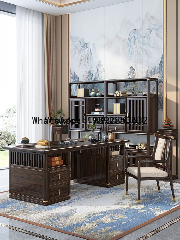 Black Walnut New Chinese Style Solid Wood  Table and Chair Set Office Tea Set Integrated Brewing Table Zen