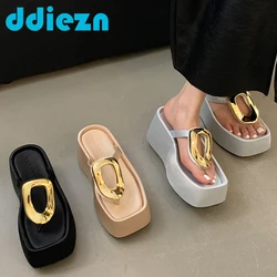 Fashion Slippers Metal Wedges Ladies Pumps Shoes Platform Female Slides Flip Flops High Heels Shoes For Women New 2024 Footwear