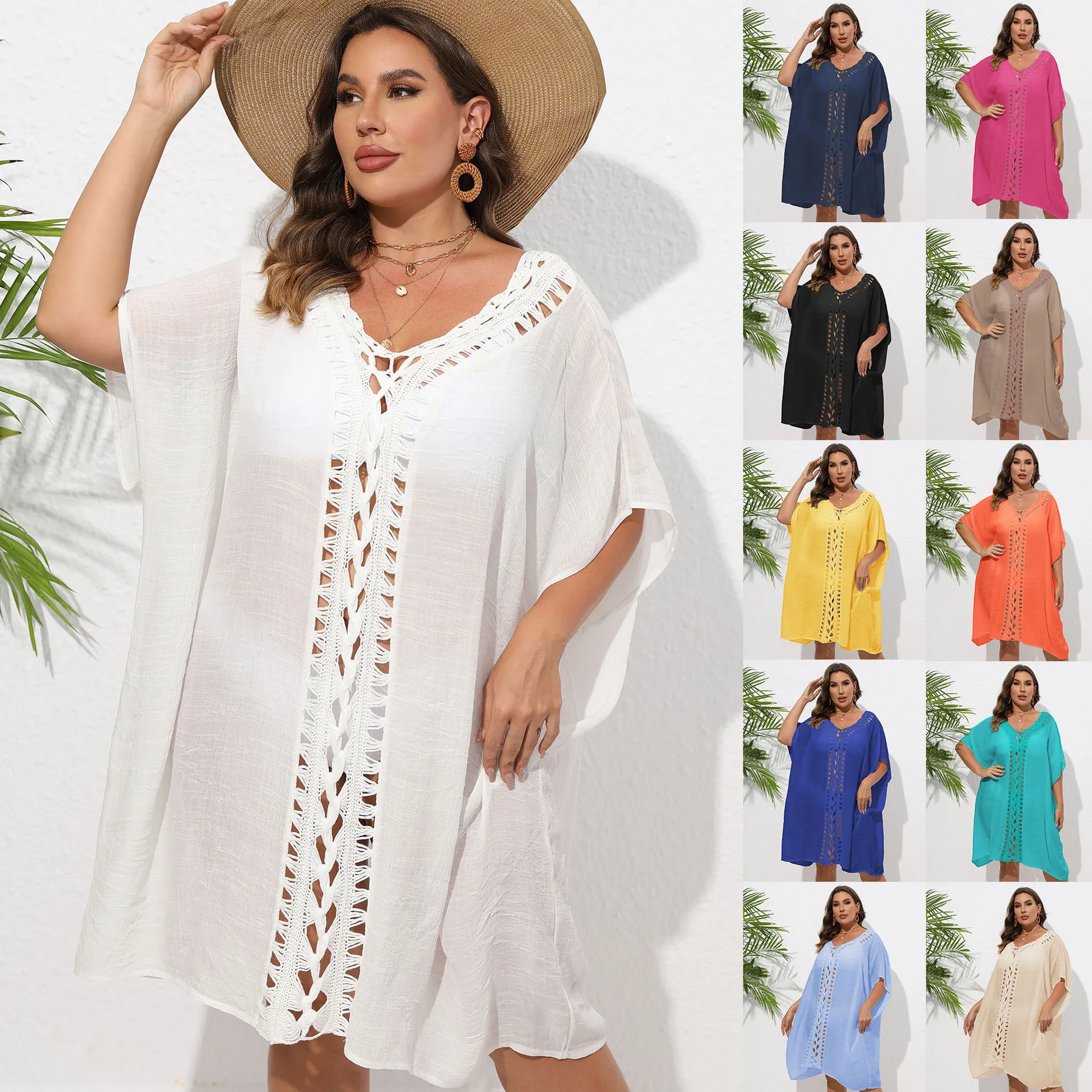 

2025 Sexy v Neck Cover-up for Women Large Size Beachwear Solid Loose Knitted Dress Kimono Pattern Dress One Piece Beach Cover up