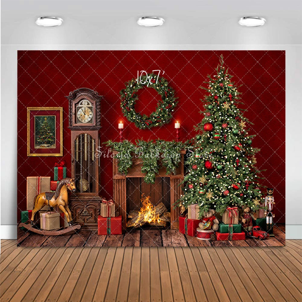 Toile de fond de photographie de Noël joyeux, cheminée de Noël rouge, arbre de Noël, portrait de famille d'enfants, accessoires de studio photo