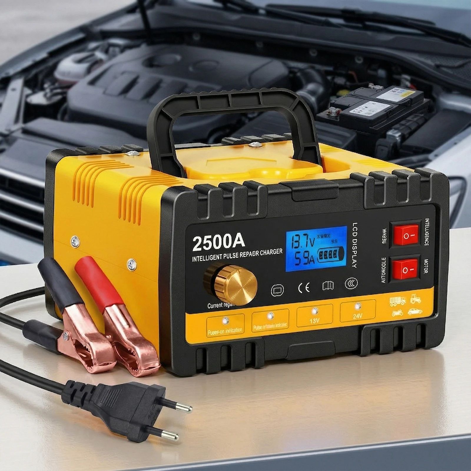 

12V/24V Smart Battery Charger with Cable Clamps & LCD Display Car Battery Charger for Motorcycles Cars Trucks Lawnmowers