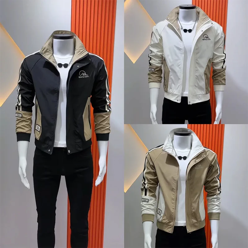 

Slim Fit Korean Sle Men's Jaet New Faion Outerwear Spring Autumn Color Blo Stand Collar Versatile Haome Top Trendy