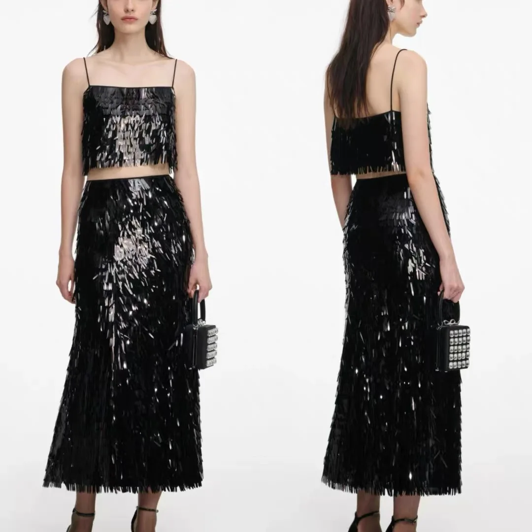 Women black sequin fashion set tank tops + gorgeous party midi skirt