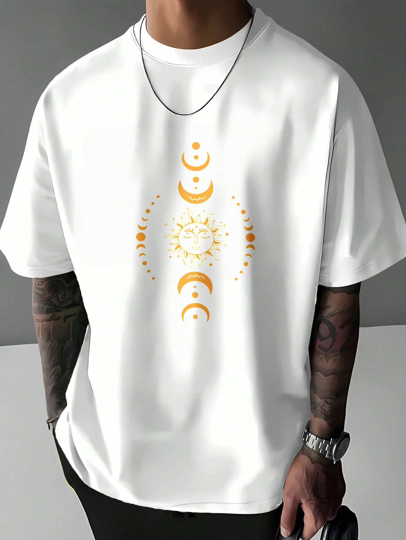 Men Cotton Tee Sun Moon Phase Celestial Mystic Graphic Short Sleeve Retro Boho Casual Summer Street Tops For Young Male Adults