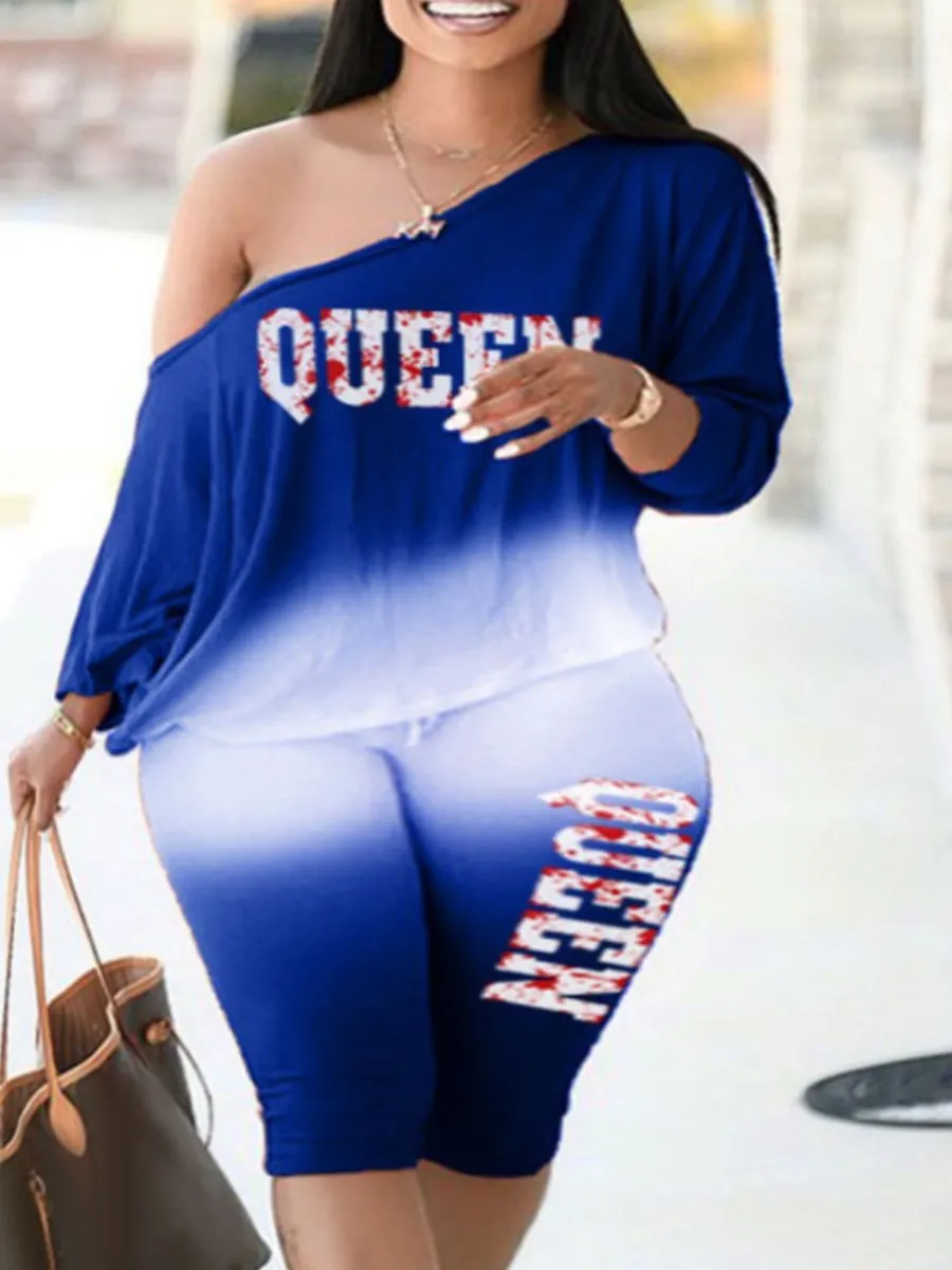 LW Plus Size Queen Pink Gradient Letter Print Pants Set One Shoulder Tee And Sheath Stretch Trousers Matching Outfits For Women