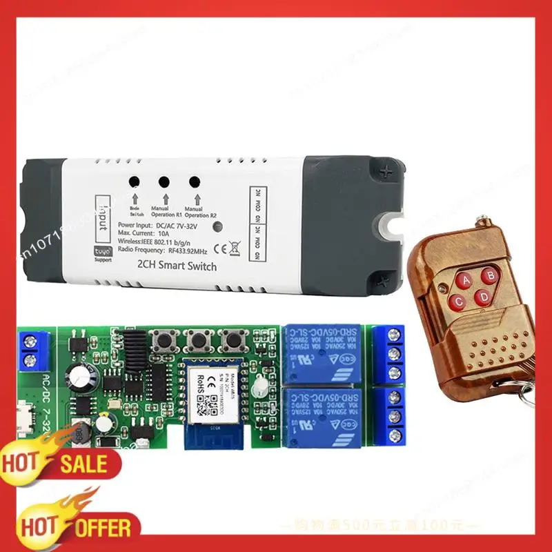 B47C 1 Satz Relaismodul mit RF-Fernbedienung, passend für Alexa 2 CH AC/DC 7–32 V RF/APP-Fernbedienung Smart Home