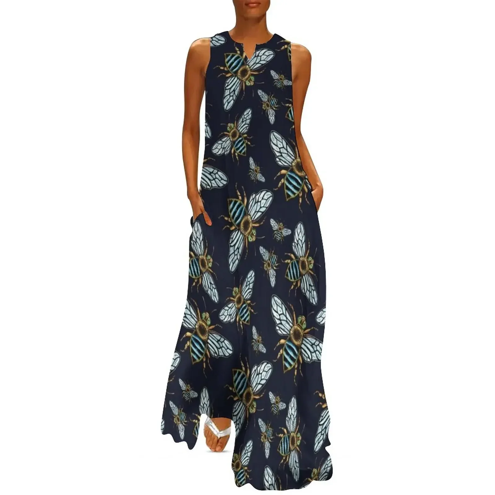 

Lino Print Blue Banded Bee Long Dress Elegant gown Long dresses chic and elegant woman dress african dresses for woman Dress