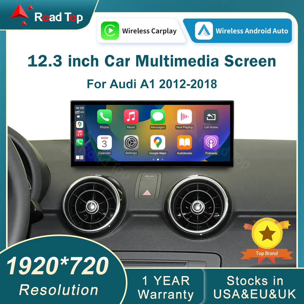 12.3 inch RoadTop For Audi A1 2012-2018 Wireless CarPlay Multimedia Display Android Auto Airplay Autolink Function