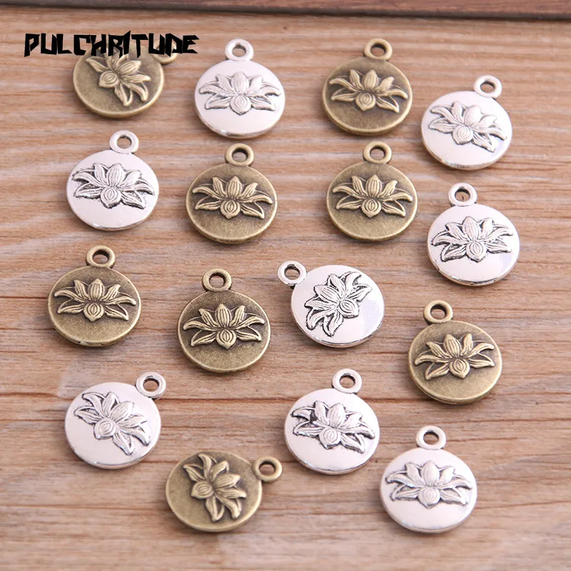 16pcs 13*16mm Metal Alloy Two Color Round Lotus Charms Plant Pendants For Jewelry Making DIY Handmade Craft 11A1721