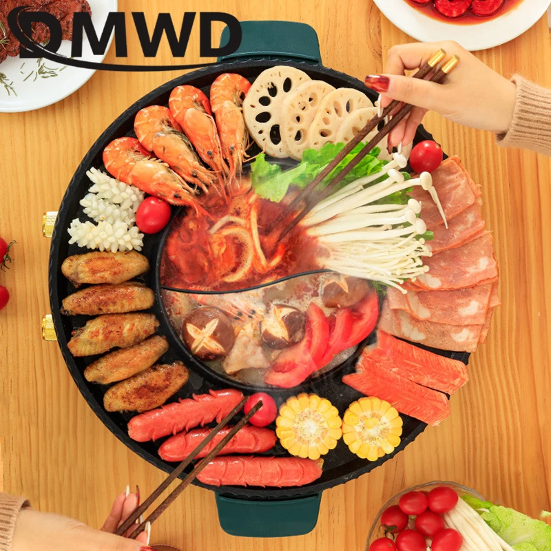 DMWD Electric Hot Pot Home Multi-function All-In-One Barbecue Machine Grill Shabu Frying Pan Smokeless Roasting Hotpot