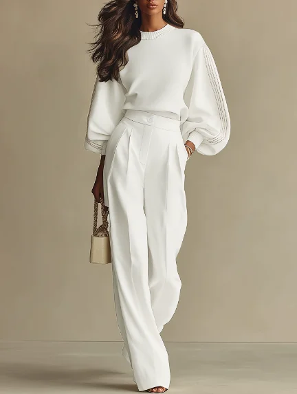 

Two Piece Set Women Outfit 2026 Spring New Solid Color Round Neck Long Sleeve Pullover Top & High Waist Wide Leg Pants Set