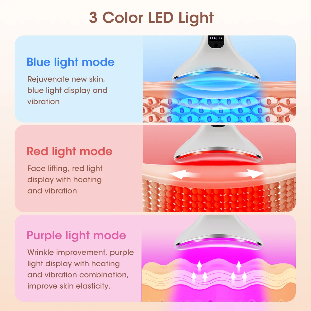 Dispositivo per la bellezza del collo EMS Microcorrente Luce a tre colori Impacco caldo Rassodante Ringiovanente Importatore di ioni della pelle Lifting facciale