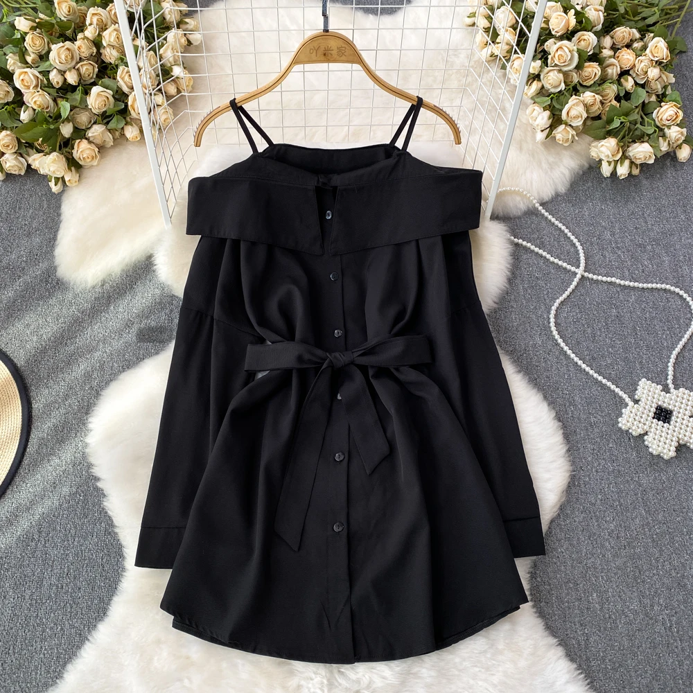 Korean Spring Autumn Off Shoulder Shirts Dress Chic Deisgn Long Sleeve Ruffles Slim Single Breasted A-line Solid Women Dress