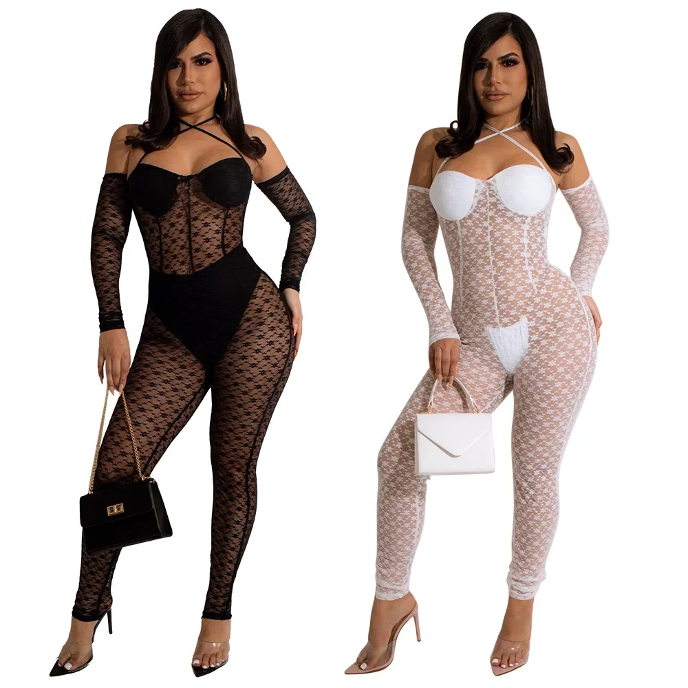 K10103 Amazon Best Seller 2022 European Cross-border Women's Clothing Sexy Tight Jumpsuit Lace Transparent Nightclub Pants