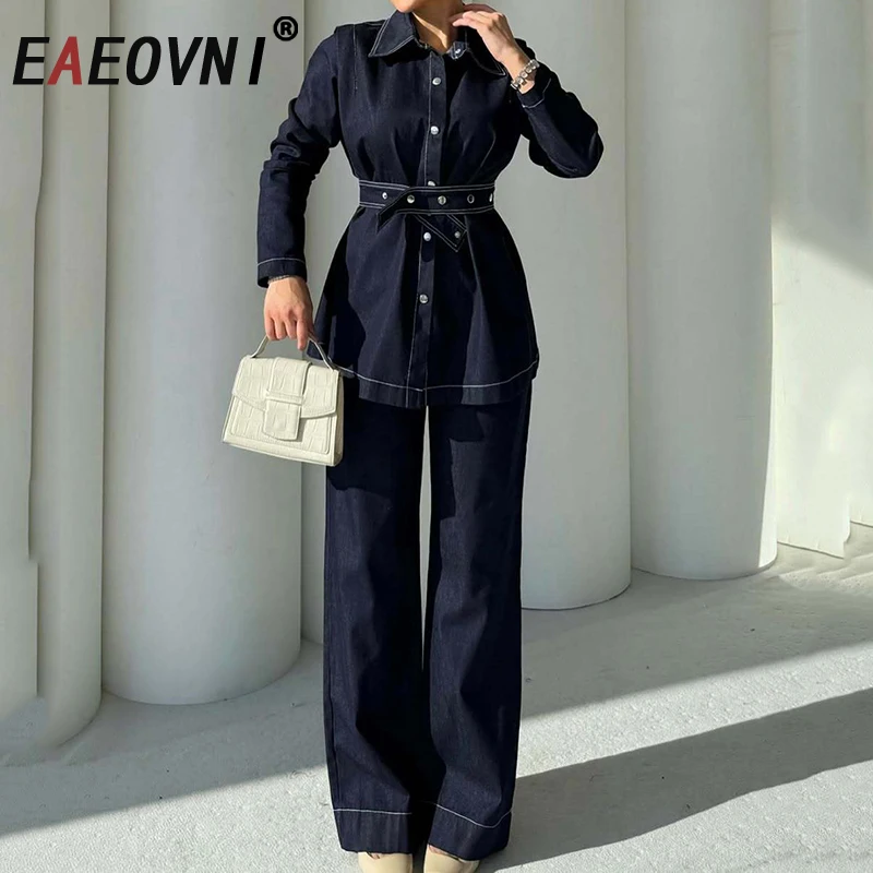 

EAEOVNI Women Fashion Denim Two Piece Set Long Sleeve Button Belt Jacket Coat Wide Leg Trousers Pants Casual 2025 New Clothing