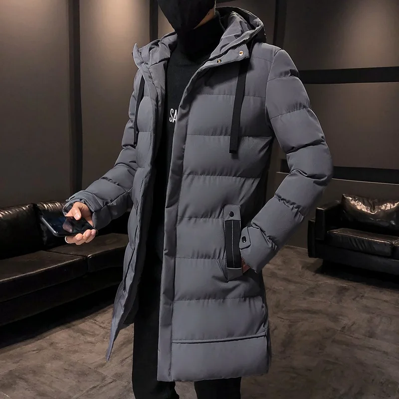 Casaco longo de algodão acolchoado com capuz masculino, parkas quentes de inverno