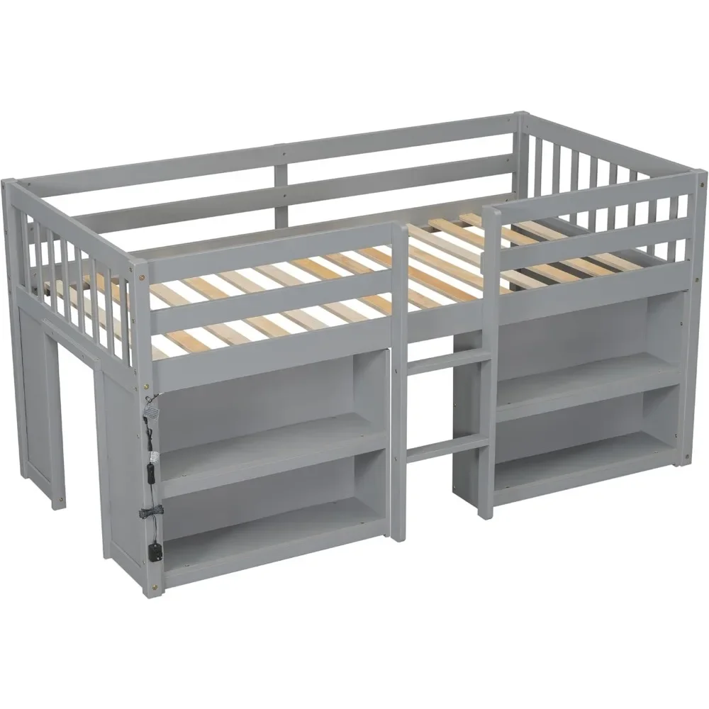 Twin Size Low Loft Bed with Storage Shelves, Wood Kids Twin Loft Bed with LED Light and Shelves, Low Loft Bed for Kids