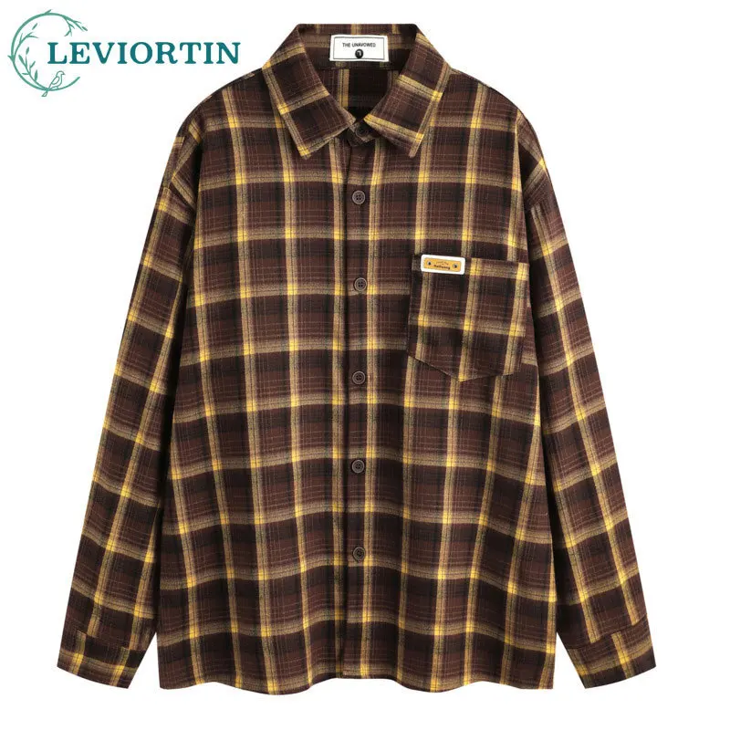 American retro coffee yellow checkered loose and versatile long sleeved shirt for men's autumn street Maillard sunscreen jacket