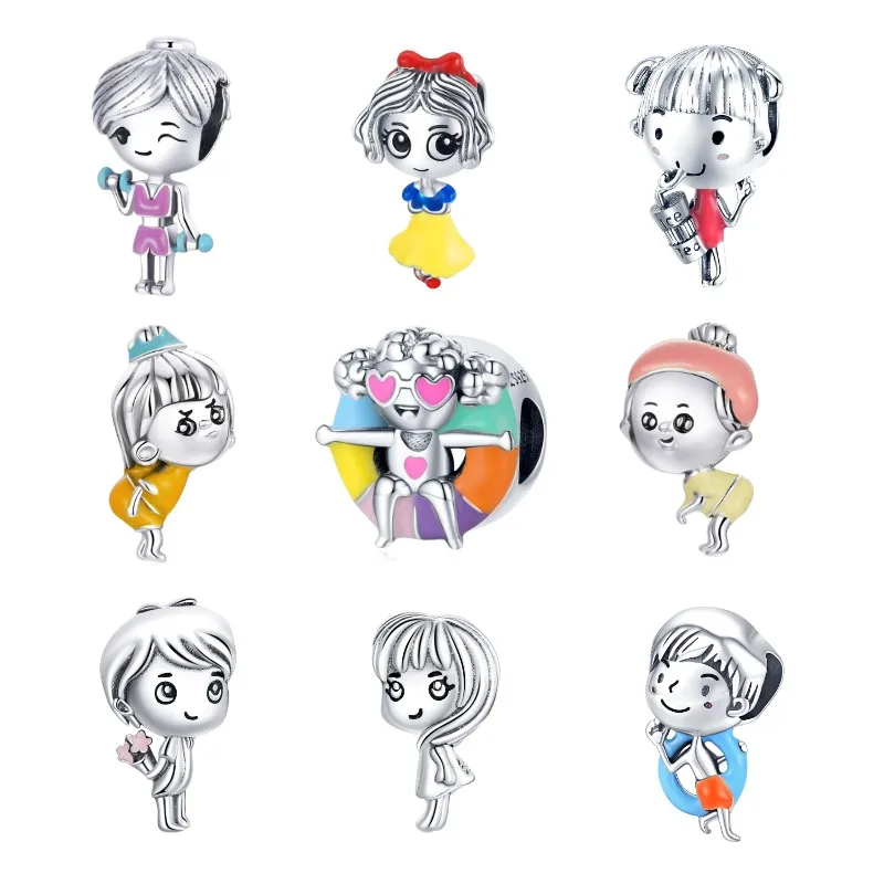 

BISAER 925 Sterling Silver Character Beads Young Ballerina Cute Fitness Gym Girls Charms Fit Bracelet DIY Jewelry Making EFC488